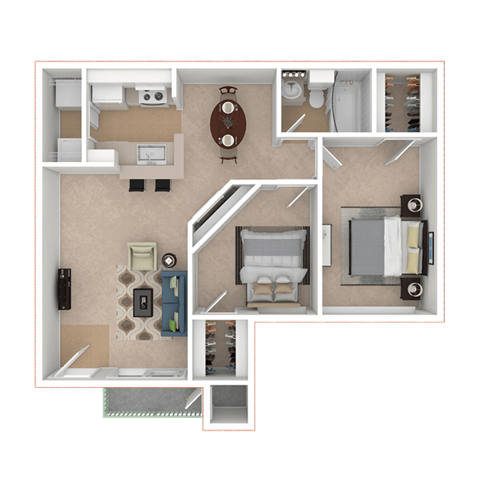 Floor plan for 2 beds, 1 bath, 749 sqft